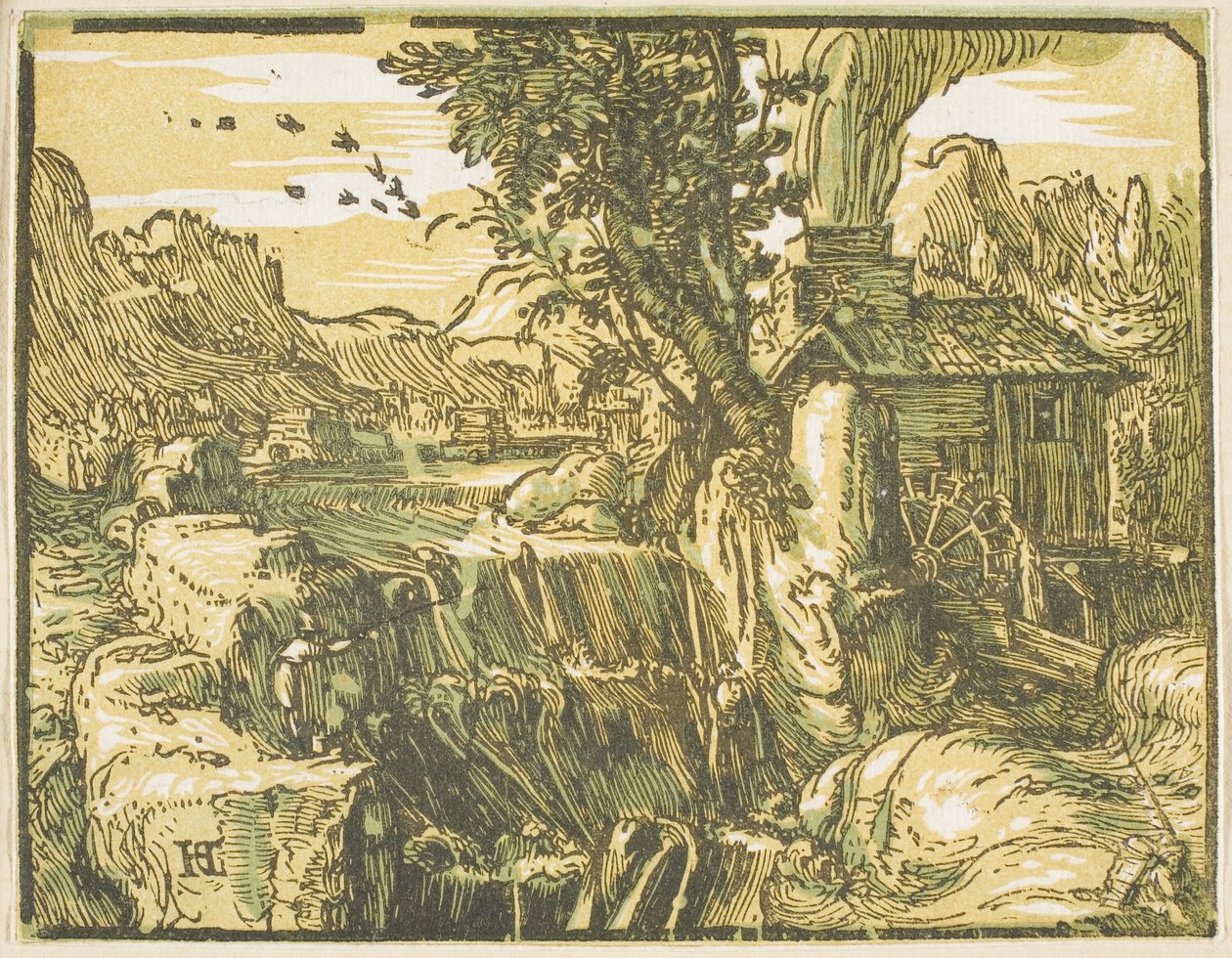 Landschap met een waterval, uit Vier kleine landschappen door Hendrick Goltzius