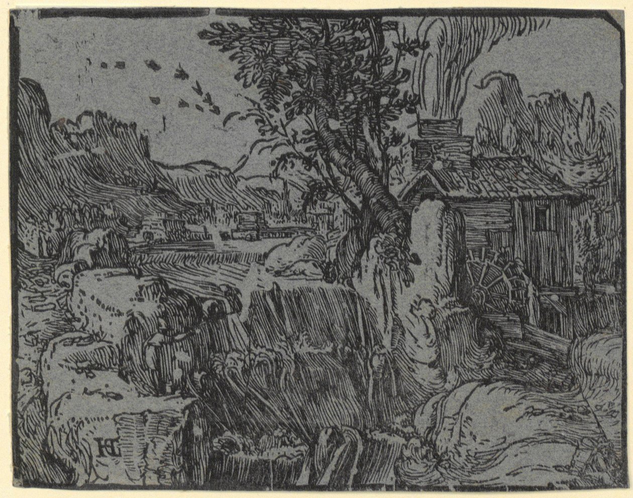 Landschap met waterval en molen, blad 1 uit de reeks "Vier kleine landschappen" door Hendrick Goltzius