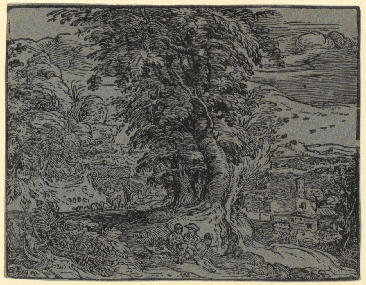Landschap met zittend paar en herder, blad 2 uit de reeks "Vier kleine landschappen" door Hendrick Goltzius