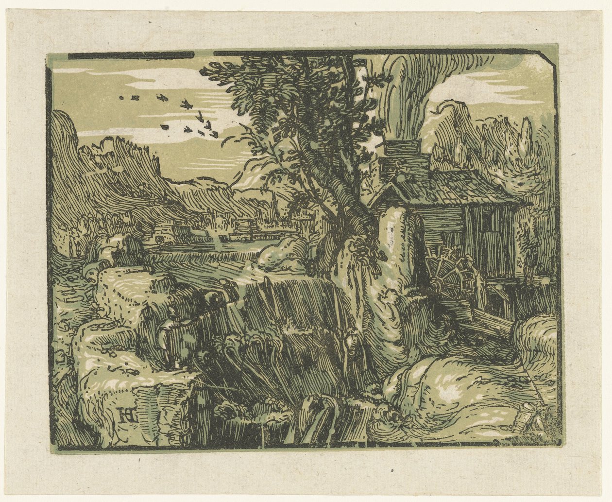 Landschap met waterval (Vier kleine landschappen) door Hendrick Goltzius
