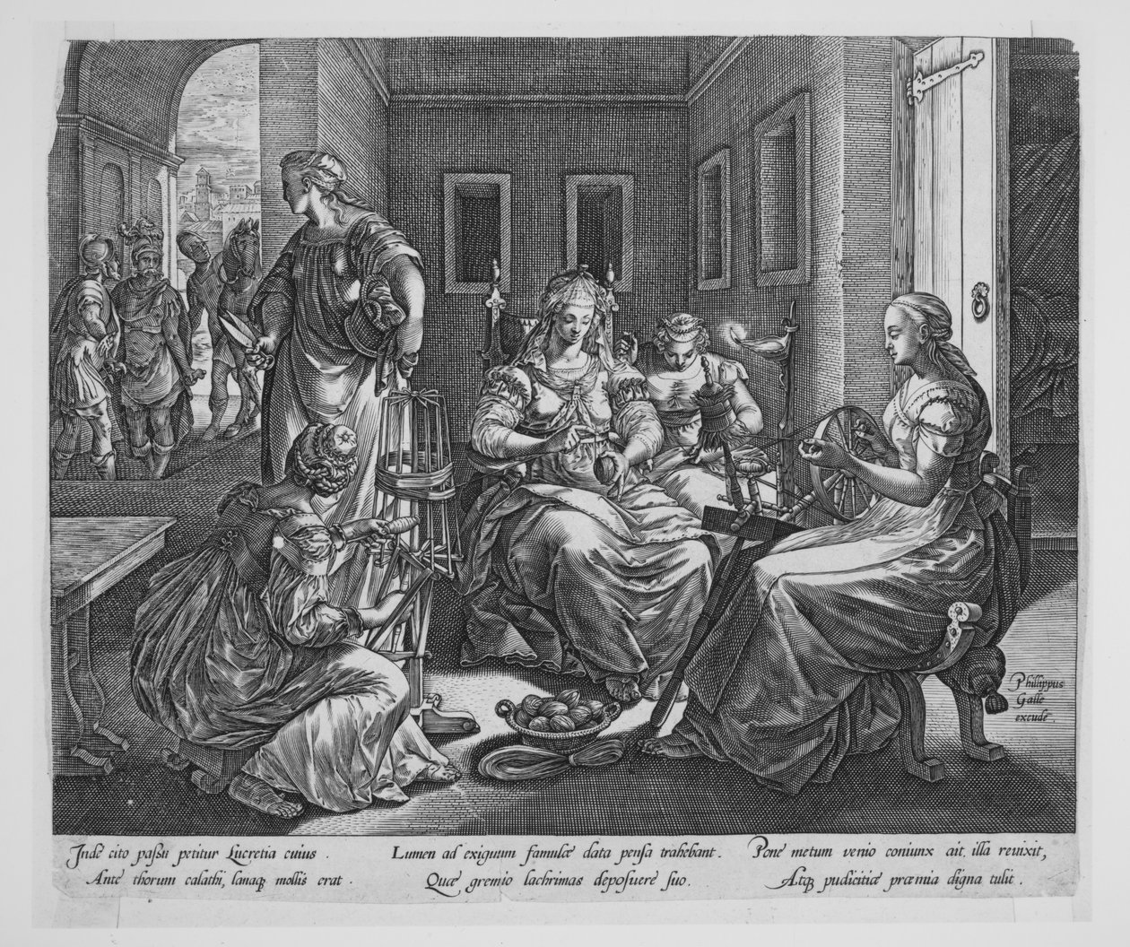 Lucretia en haar spinnende vrouwen door Hendrick Goltzius