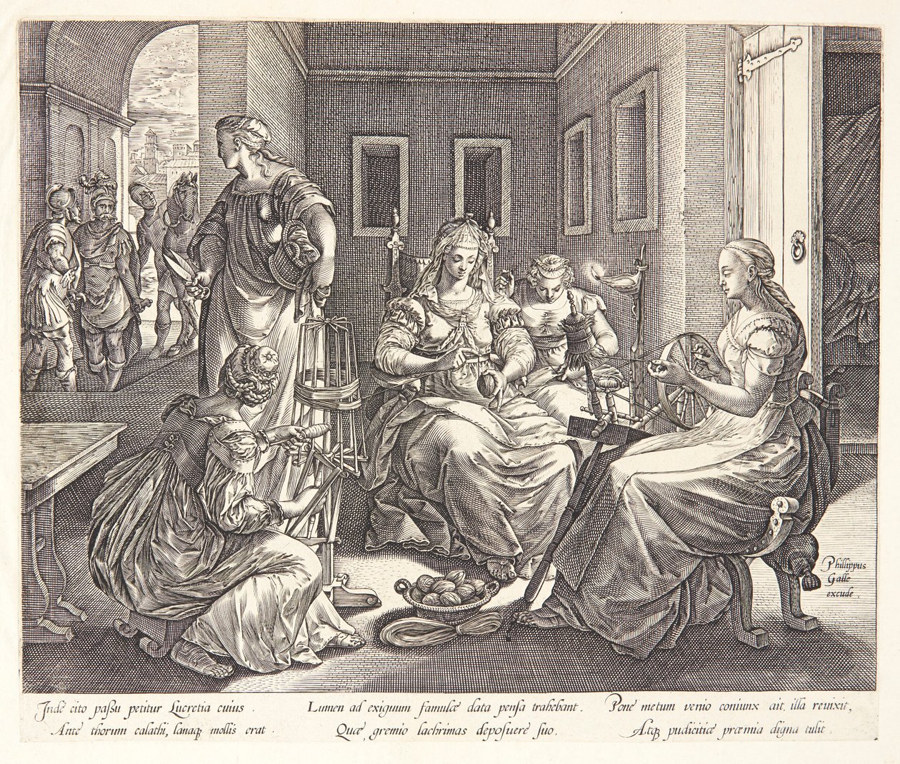 Lucretia spint samen met haar hofdames door Hendrick Goltzius