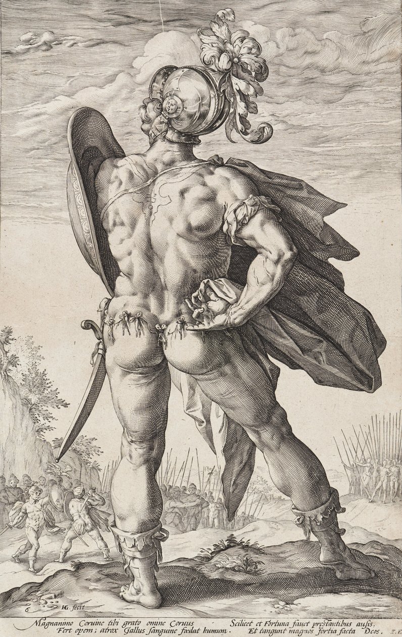 Marcus Valerius Corvus (Romeinse helden, plaat 6) door Hendrick Goltzius