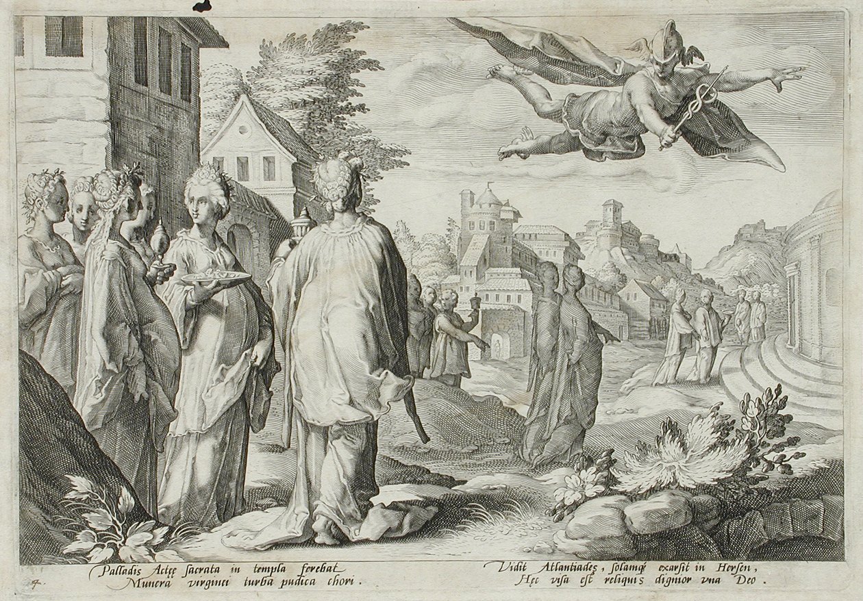 Mercurius verliefd op Herse, dochter van Cecrops door Hendrick Goltzius