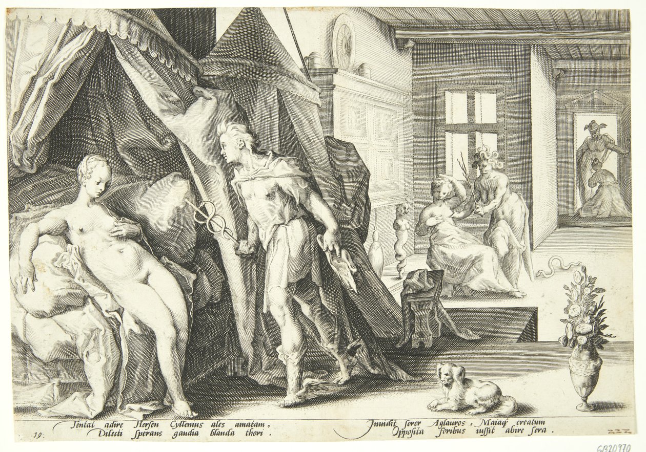 Mercurius betreedt de kamer van Herse nadat hij Agraulos in steen heeft veranderd door Hendrick Goltzius