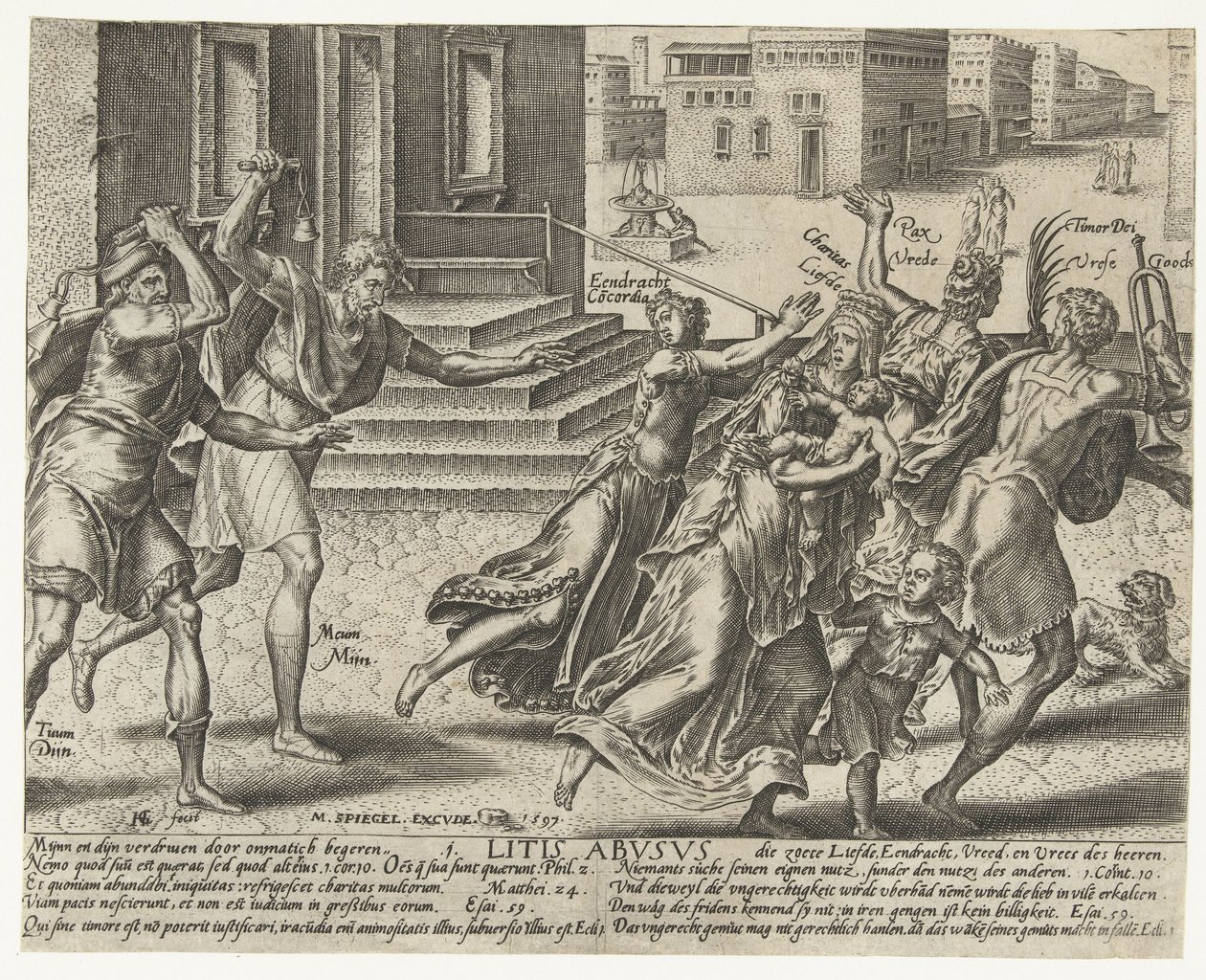Mijn en dijn verjagen Eendracht, Liefde, Vrede en Vreze Gods door Hendrick Goltzius