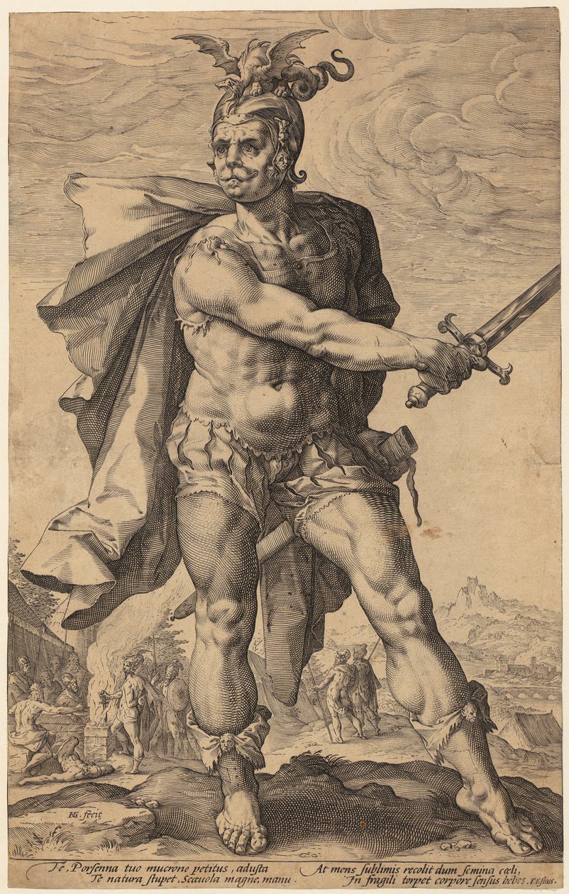Mucius Scaevola, blad 3 uit de serie „Romeinse helden“ door Hendrick Goltzius