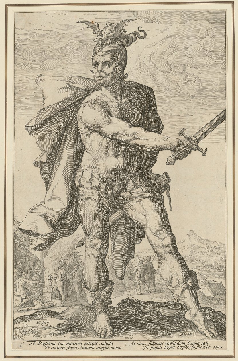 Mucius Scaevola, blad 3 uit de serie „Romeinse helden“ door Hendrick Goltzius