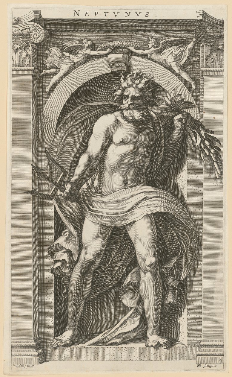 Neptunus, blad 2 van de serie „Acht goden uit de oudheid” door Hendrick Goltzius