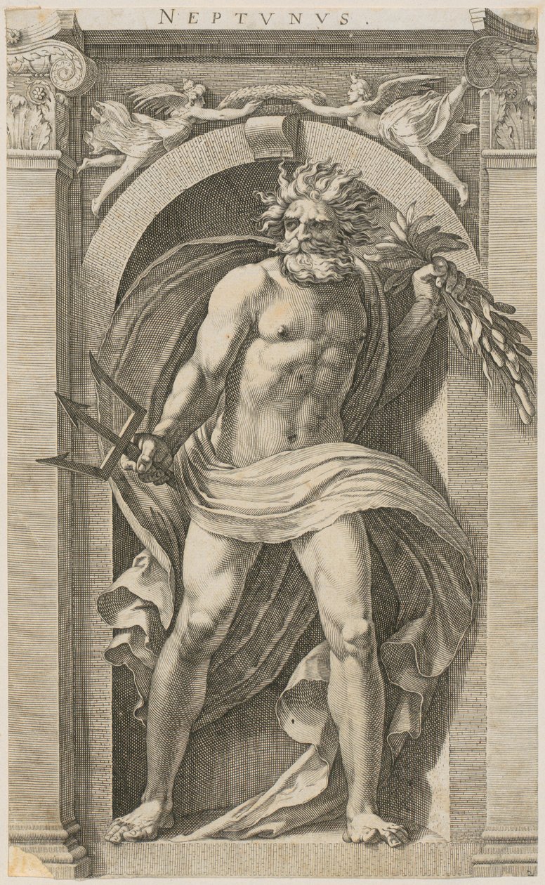 Neptunus, blad 2 van de serie „Acht goden uit de oudheid” door Hendrick Goltzius