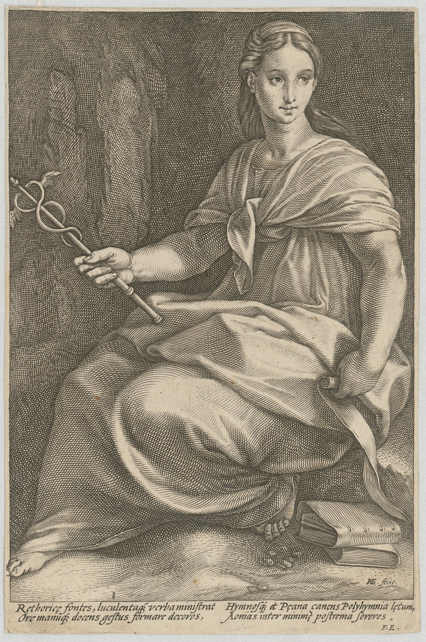 Polyhymnia, blad 8 uit de reeks „Negen Muzen“ door Hendrick Goltzius