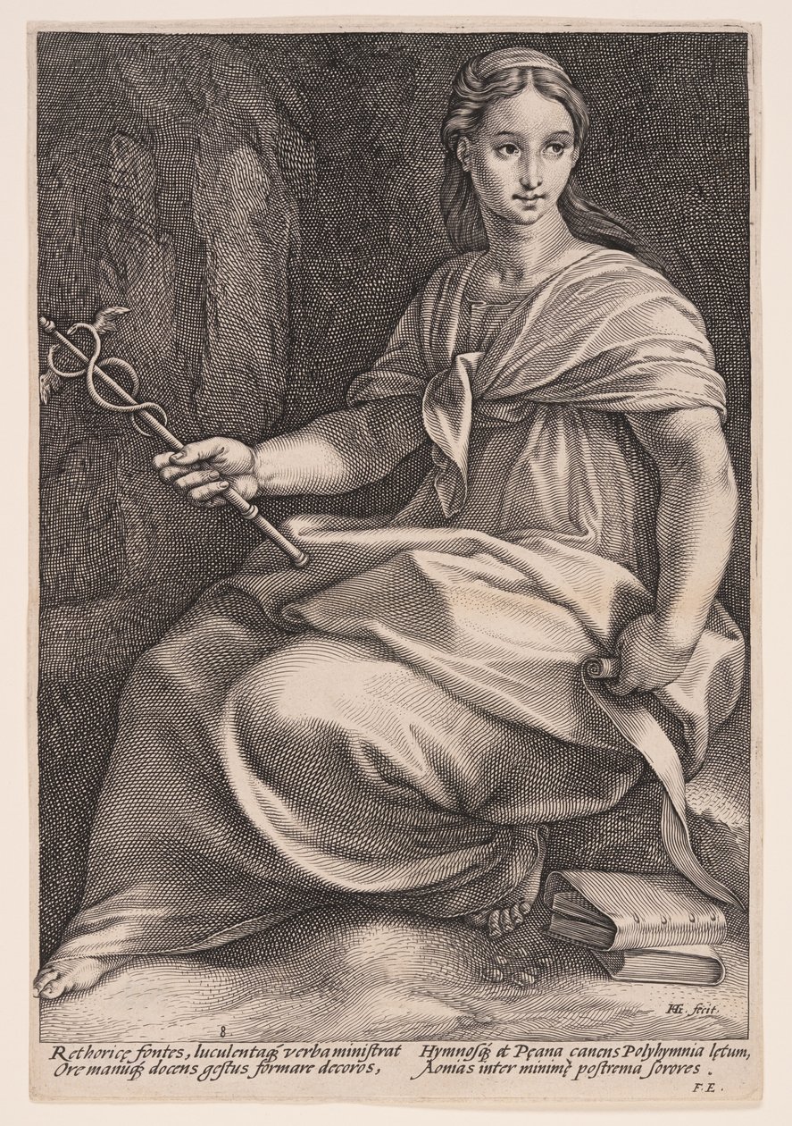Polyhymnia, de muze van de koorpoëzie, uit De negen muzen door Hendrick Goltzius