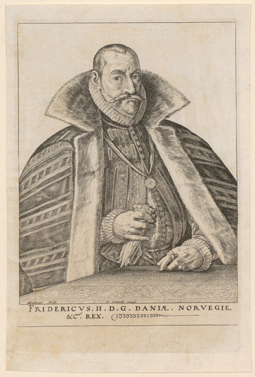 Portret van Frederik II, koning van Denemarken en Noorwegen door Hendrick Goltzius