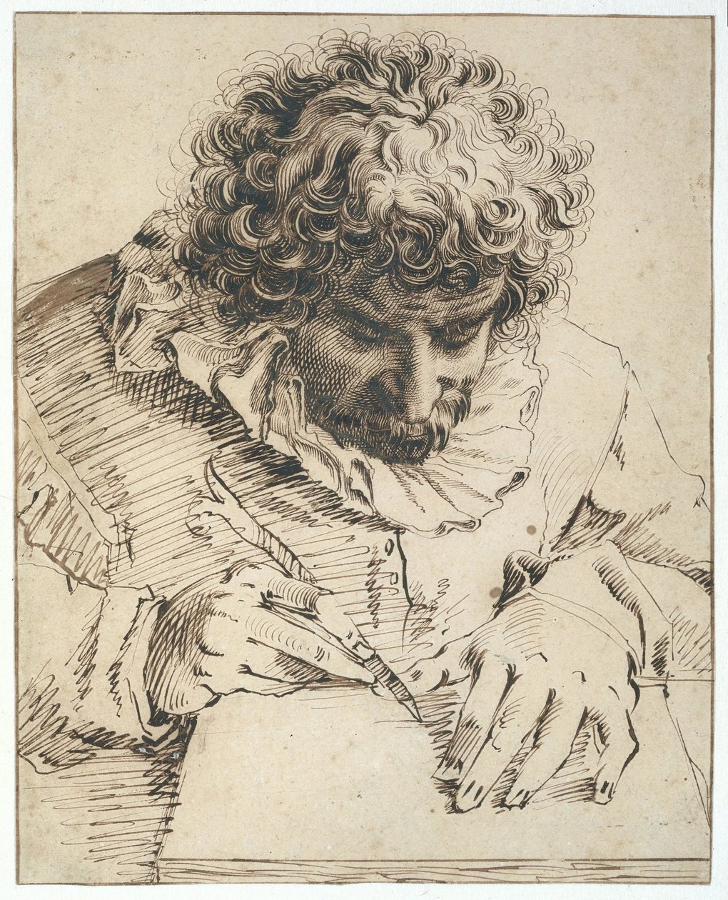 Portret van Gillis van Breen, tekenend of hout snijdend door Hendrick Goltzius
