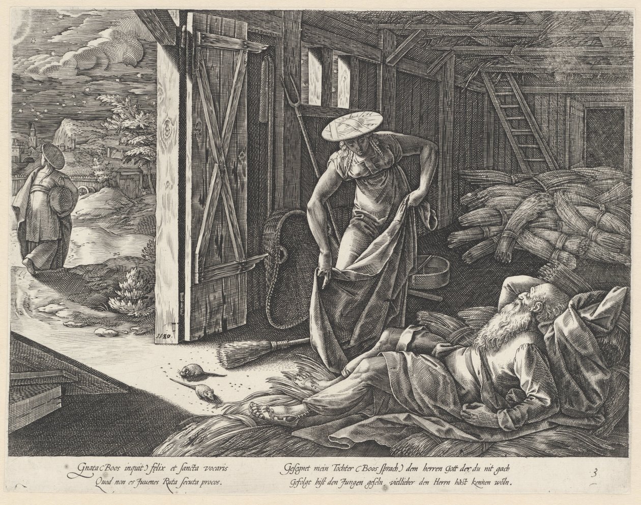 Ruth en Boaz in de graanschuur door Hendrick Goltzius