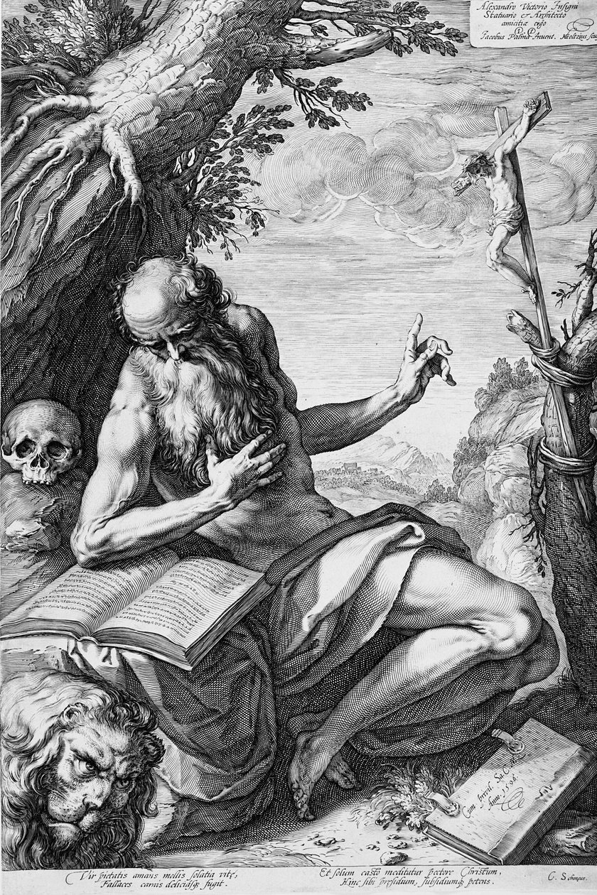Sint-Hiëronymus in de woestijn door Hendrick Goltzius