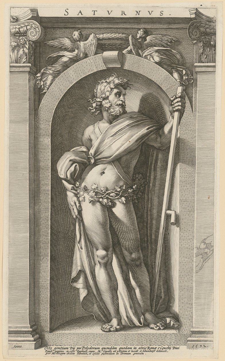 Saturnus, blad 1 uit de serie "Acht antieke godheden" door Hendrick Goltzius