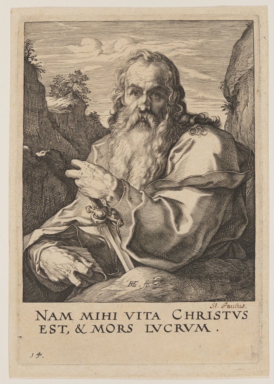 Paulus, van Christus, de apostelen en Paulus met de geloofsbelijdenis door Hendrick Goltzius
