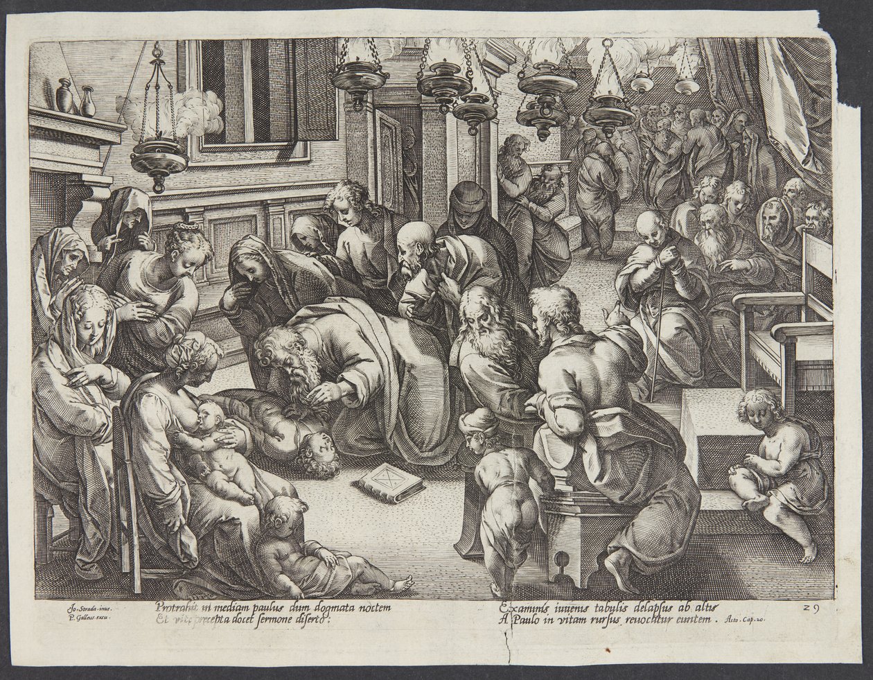 St. Paulus wekt Eutychus op door Hendrick Goltzius