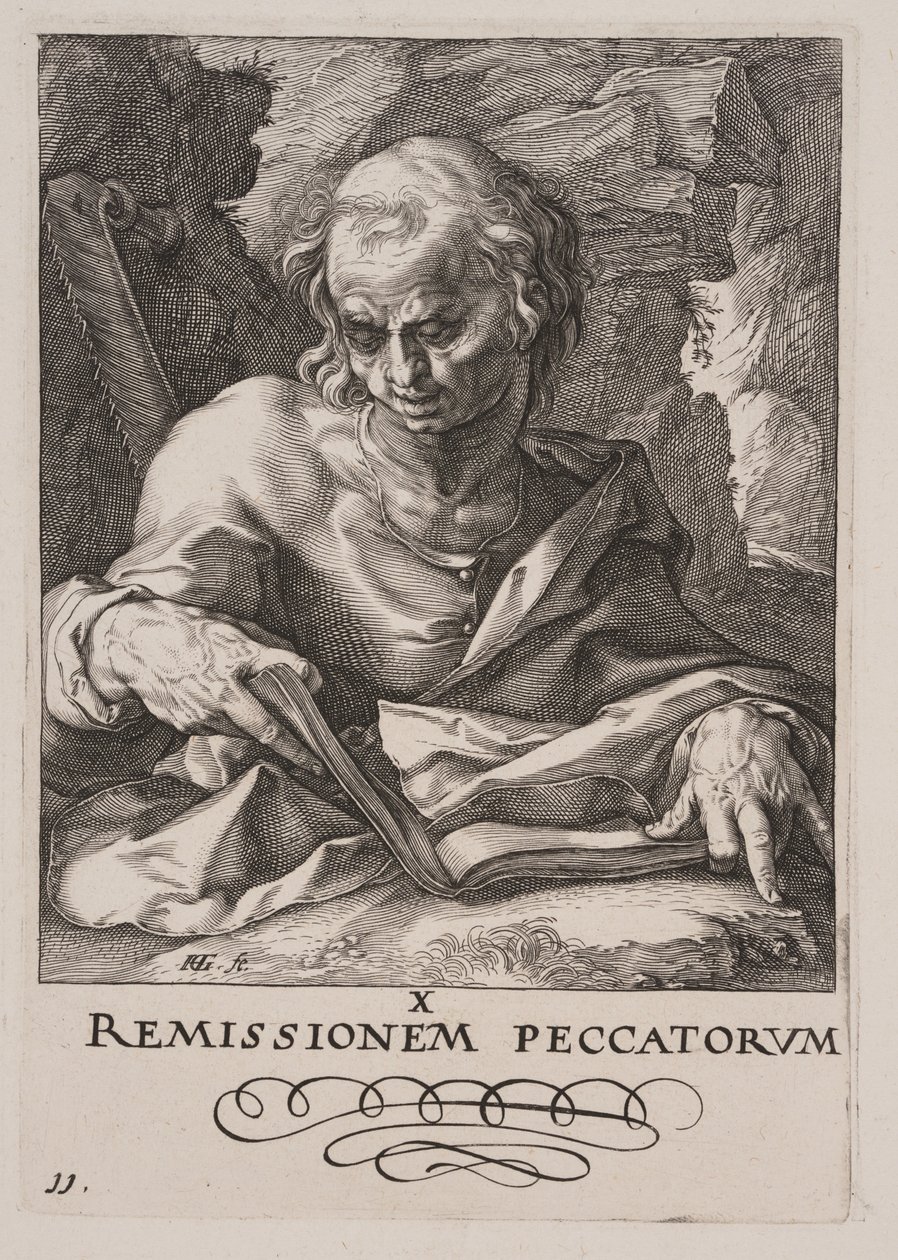 Simon, van Christus, de apostelen en Paulus met de geloofsbelijdenis door Hendrick Goltzius