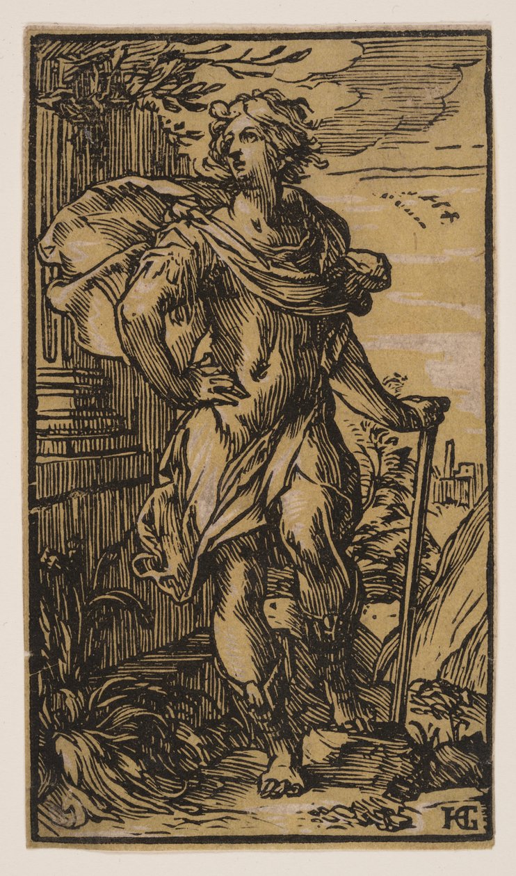 Staande jonge man met stok door Hendrick Goltzius