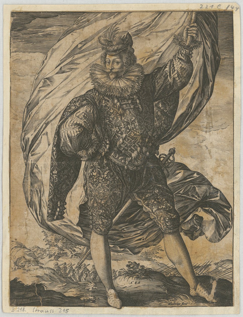 Staande vaandeldrager, met het hoofd naar links gekeerd door Hendrick Goltzius
