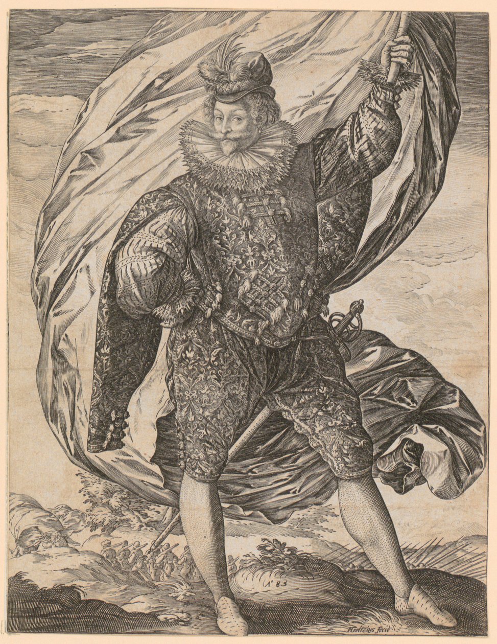 Staande vaandeldrager, met het hoofd naar links gewend door Hendrick Goltzius
