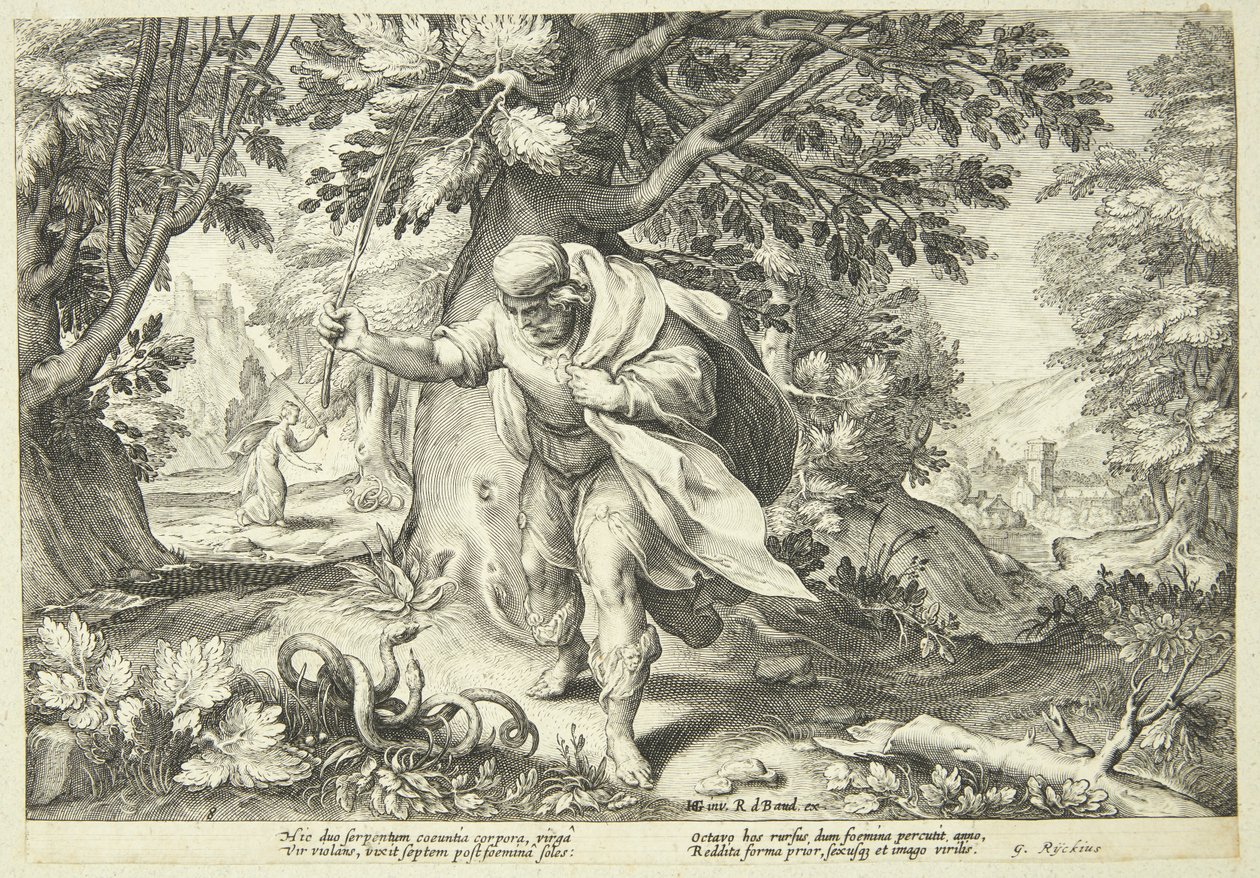 Teiresias slaat twee parende slangen met zijn stok door Hendrick Goltzius