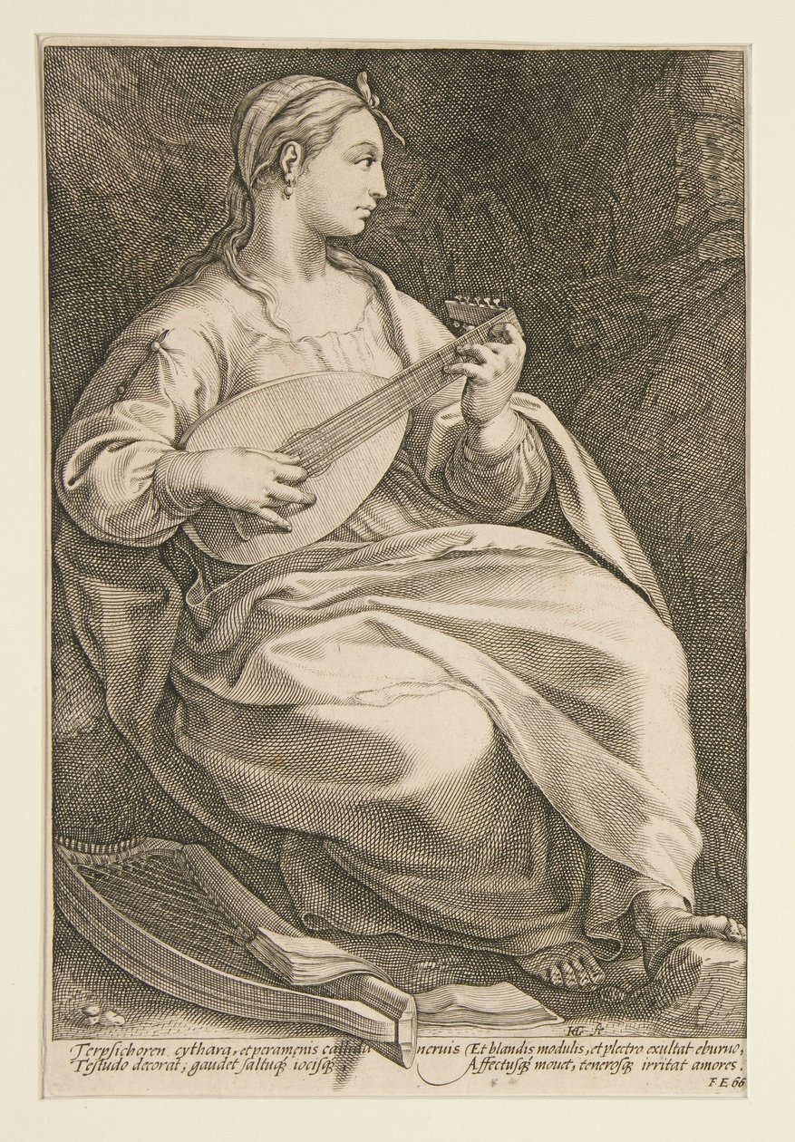 Terpsichore, plaat 5 uit de serie De negen muzen door Hendrick Goltzius