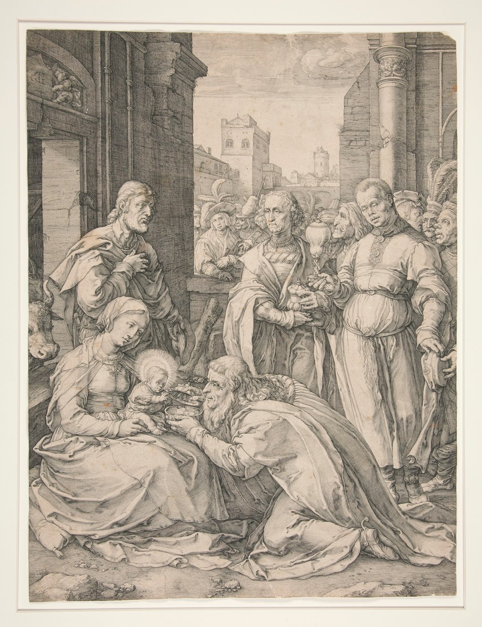 De Aanbidding der Wijzen, uit de serie De Geboorte en Vroege Leven van Christus door Hendrick Goltzius