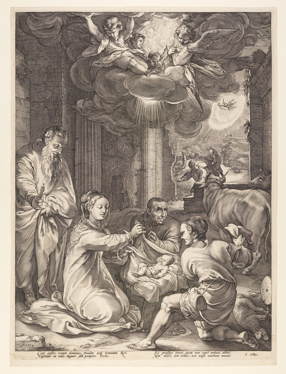 De aanbidding van de herders, uit De geboorte en het vroege leven van Christus door Hendrick Goltzius