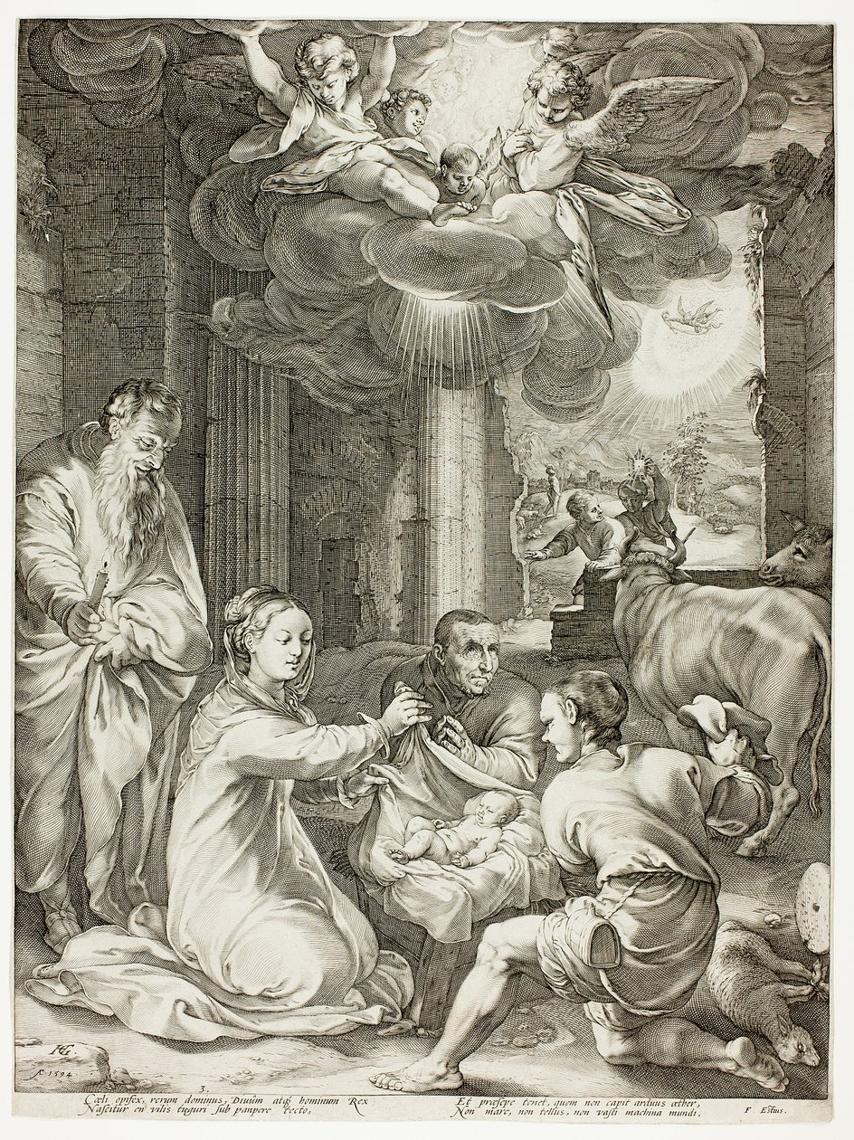 De aanbidding van de herders, plaat drie uit De geboorte en vroege leven van Christus door Hendrick Goltzius
