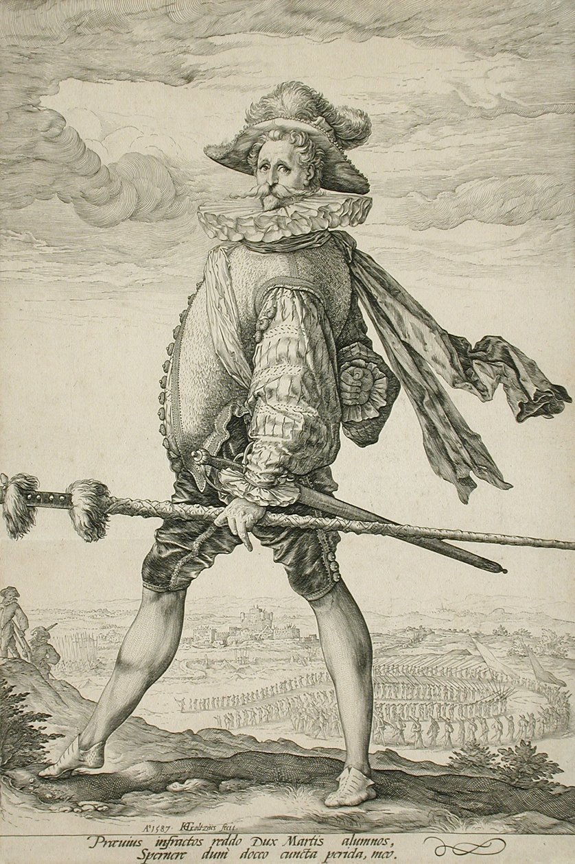 De kapitein van de infanterie die naar links marcheert door Hendrick Goltzius