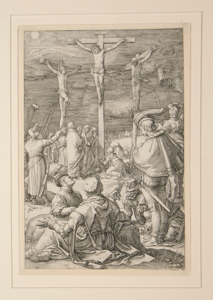 De kruisiging (Christus aan het kruis), uit De Passie, #10 in een serie van 12 gravures door Hendrick Goltzius