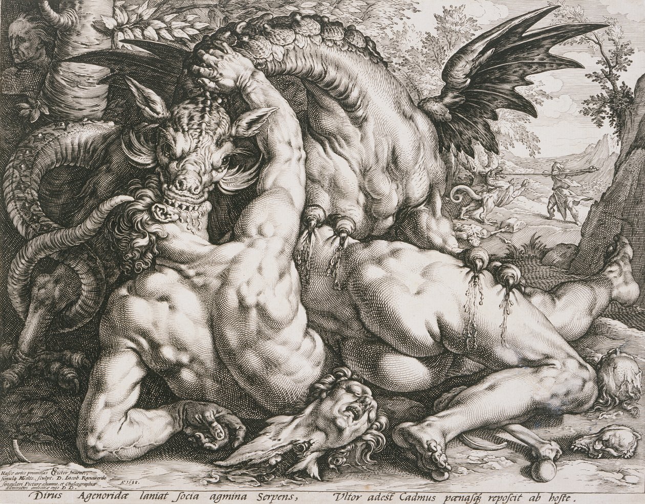De draak die de metgezellen van Cadmus verslindt door Hendrick Goltzius