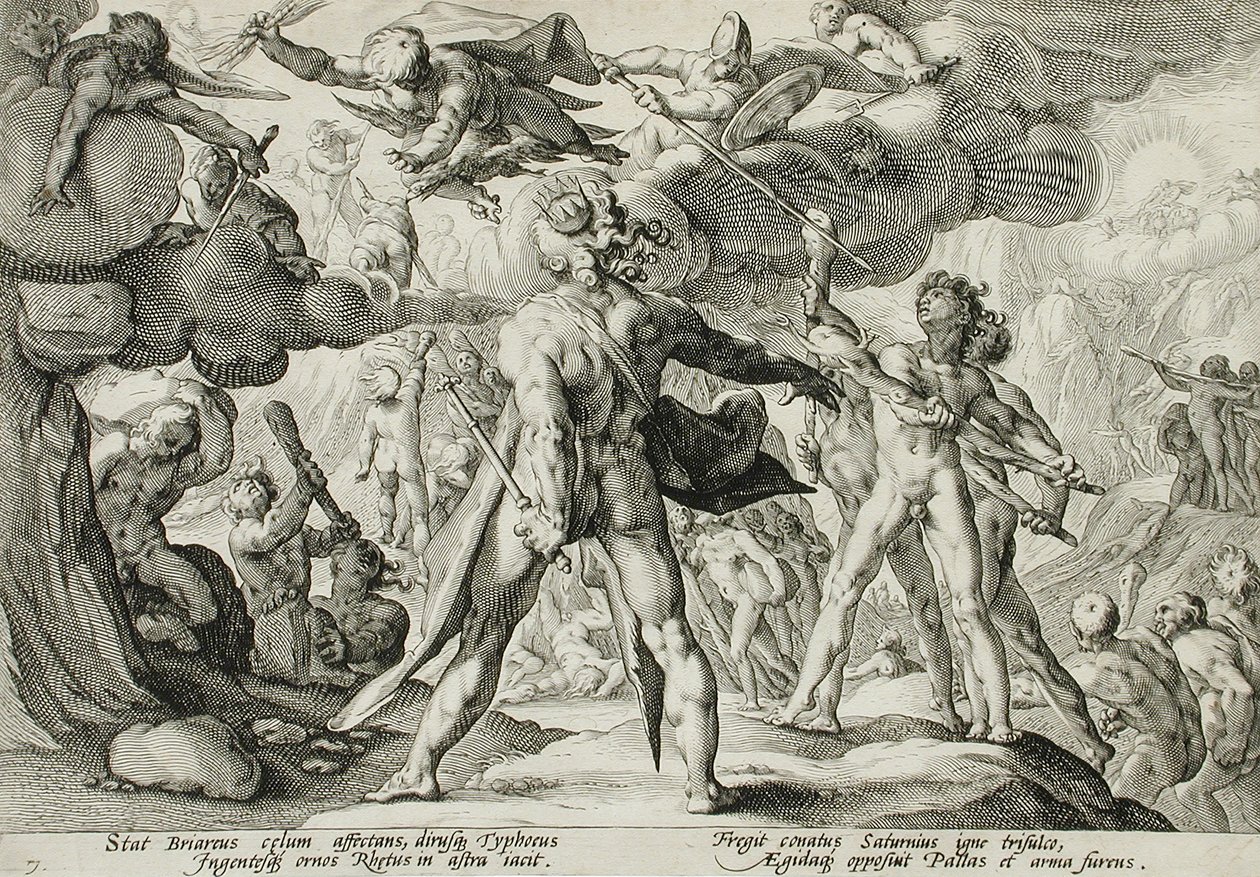 De reuzen die de hemel beklimmen door Hendrick Goltzius