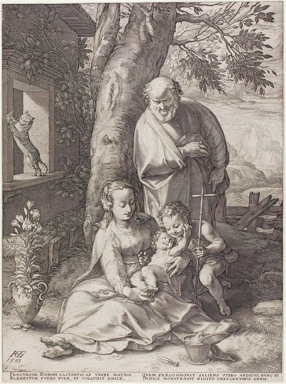 De Heilige Familie met de Jonge Johannes de Doper, plaat zes uit De Geboorte en Vroege Leven van Christus door Hendrick Goltzius