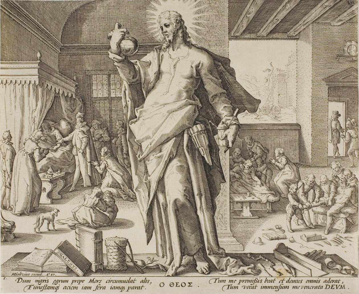 De arts beschouwd als God, plaat één uit Allegorieën van het Medische Beroep door Hendrick Goltzius