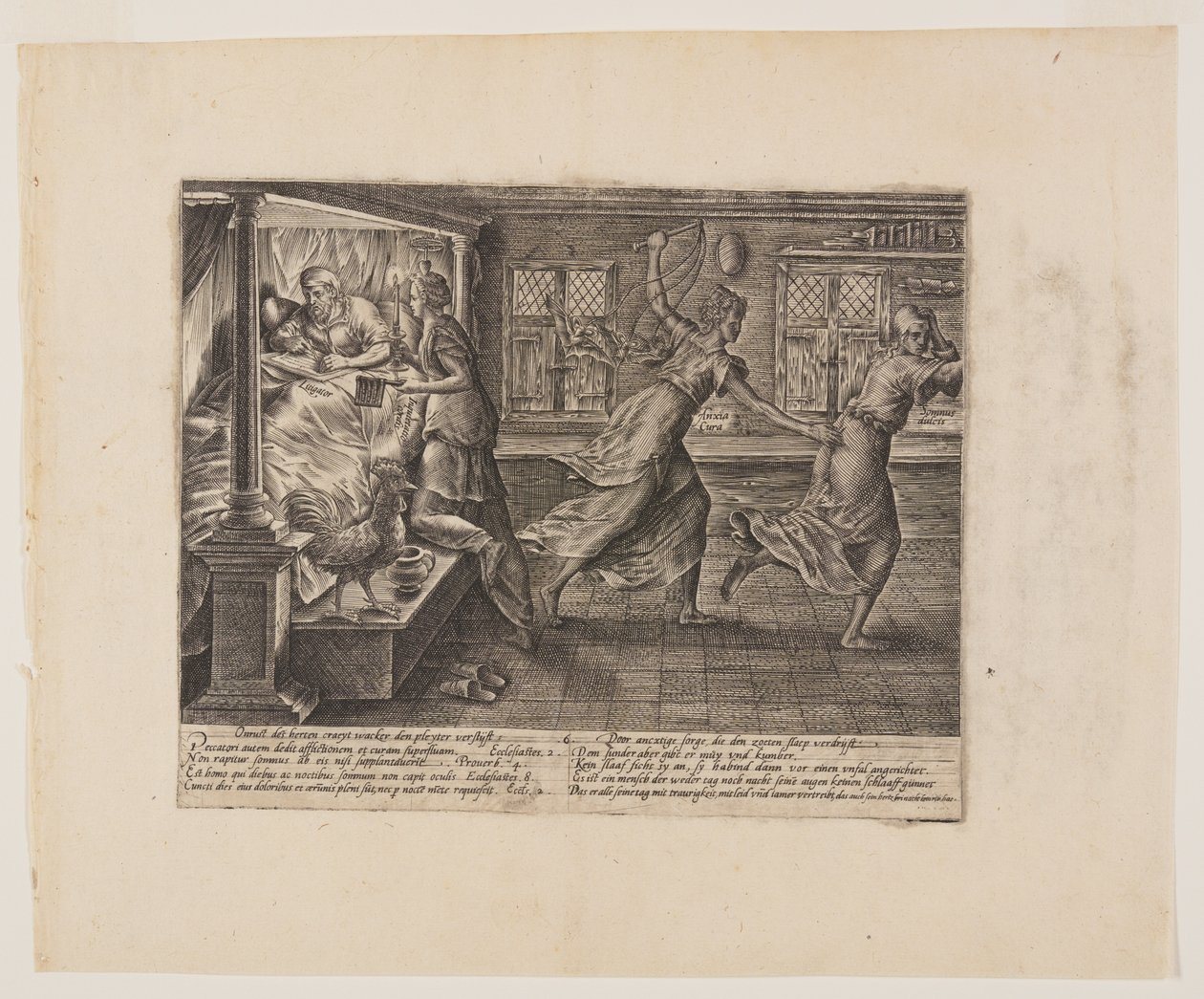 De slapeloze nacht van de rechtzoekende, uit Litis Abusus (De misbruiken van de wet) door Hendrick Goltzius