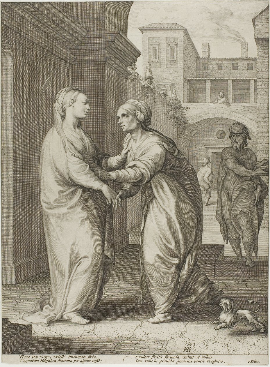 De Visitatie, plaat twee uit De geboorte en het vroege leven van Christus door Hendrick Goltzius