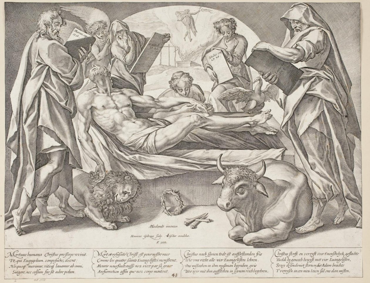 De dode Christus en de vier evangelisten door Hendrick Goltzius