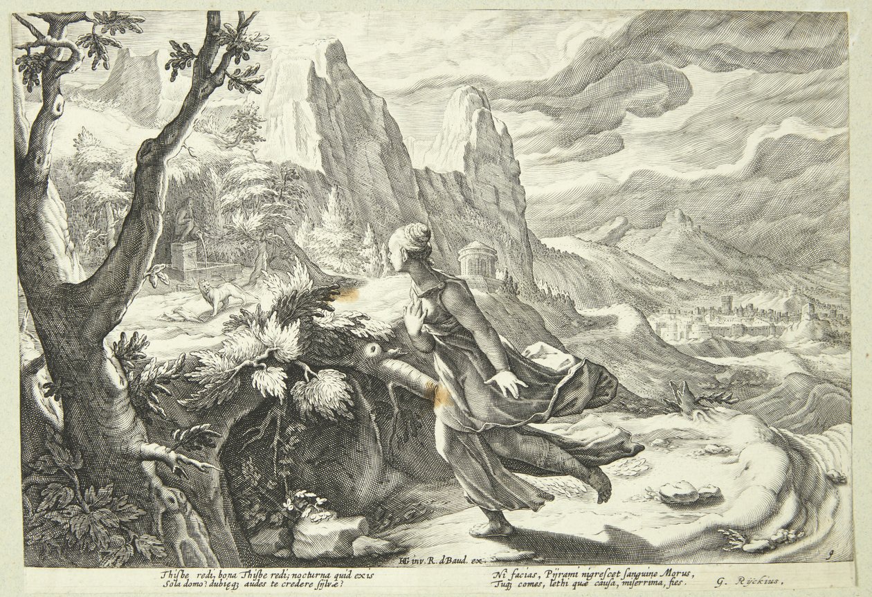 Thisbe bang voor de leeuw door Hendrick Goltzius