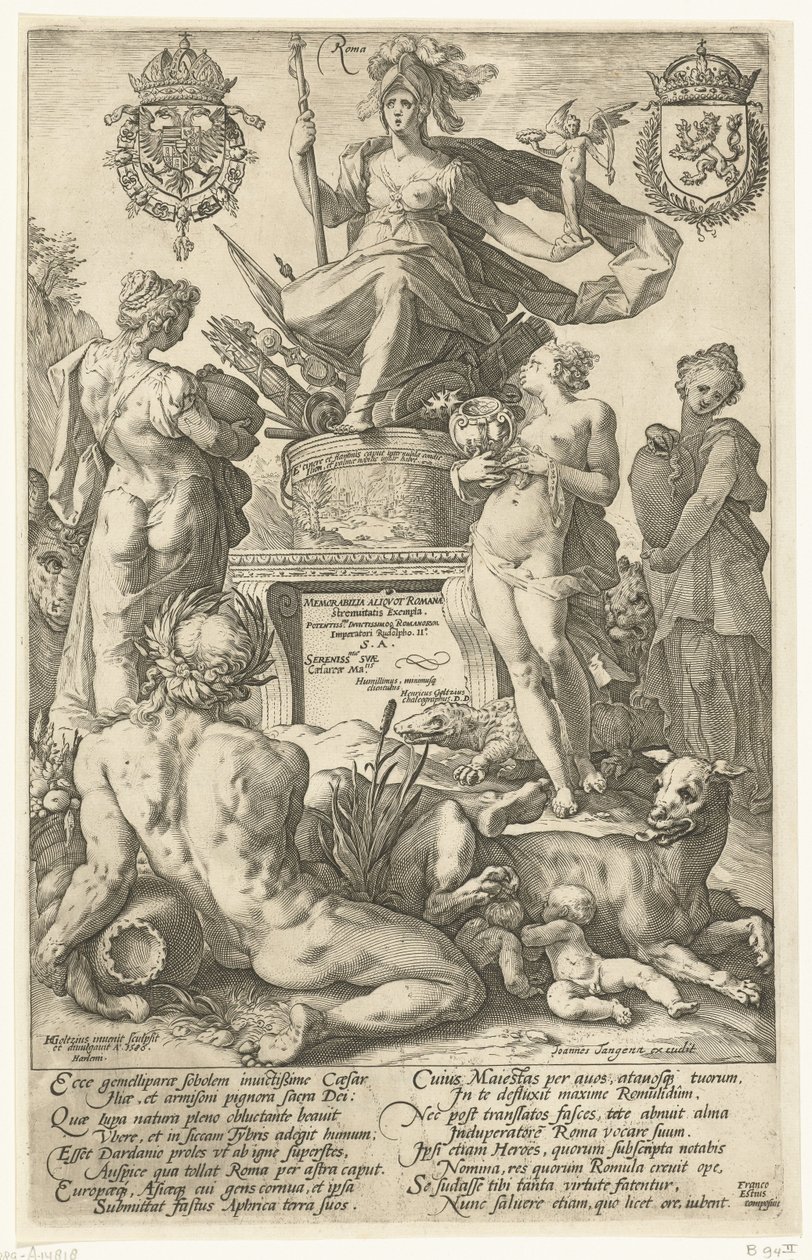 Titelprent voor prentserie De Romeinse helden (De Romeinse helden) door Hendrick Goltzius