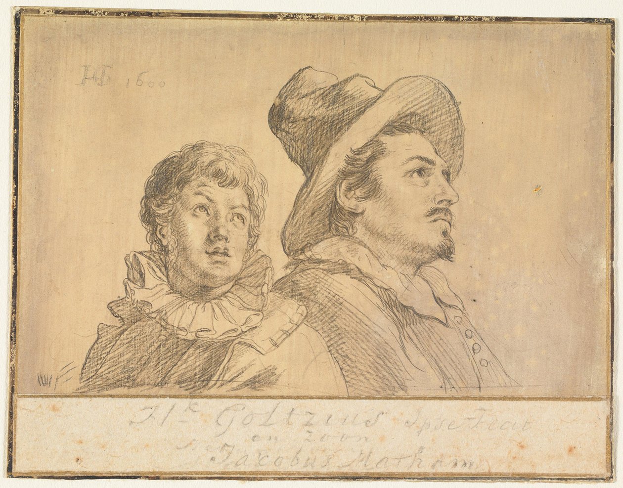 Twee mannen, mogelijk Jan Matthijs Ban en Philips van Winghe (recto). Jongen met hoed, ten halve lijve. In zijn armen houdt hij een dode grijsaard (verso) door Hendrick Goltzius