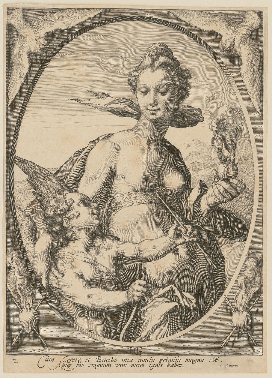 Venus en Amor, blad 2 uit de serie „Bacchus, Venus en Ceres“ door Hendrick Goltzius