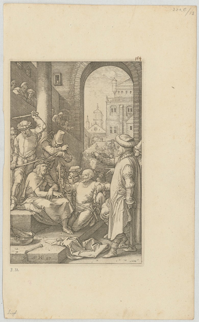 De bespotting van Christus, blad 7 uit de serie „De Passie“ door Hendrick Goltzius