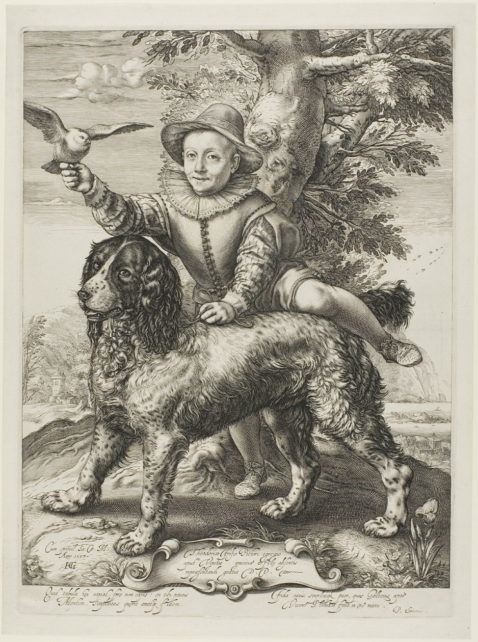 Vries, Frederik de (overleden 1613) zoon van de schilder Dirck de Vries, leerling van Goltzius, met de hond van Goltzius door Hendrick Goltzius