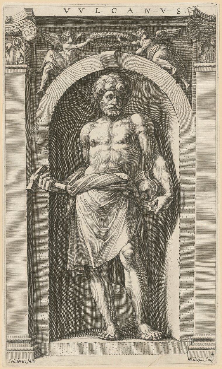 Vulcanus, blad 4 uit de reeks „Acht antieke godheden“ door Hendrick Goltzius