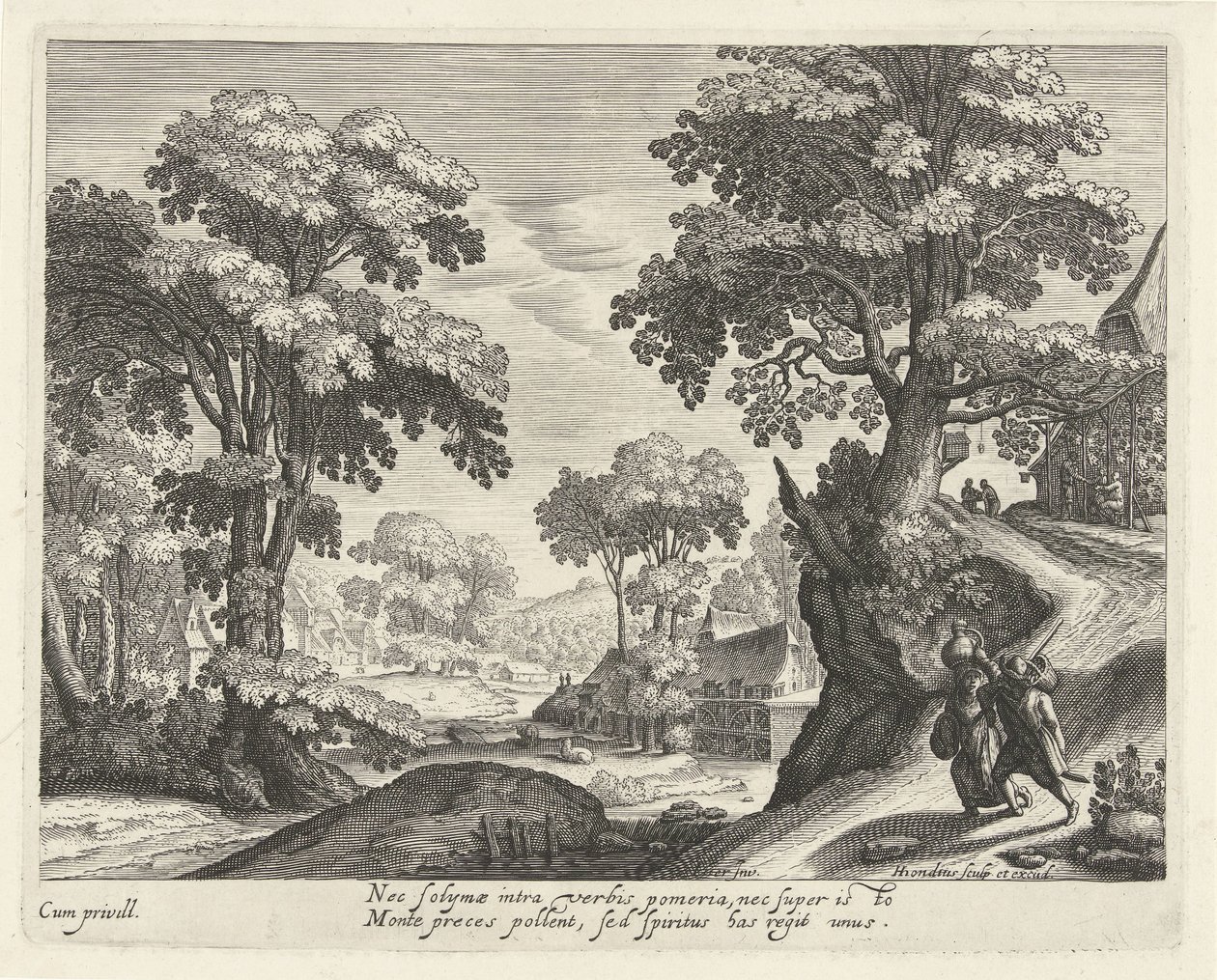 Landschap met een boerenpaar op een landweg door Hendrick Hondius (I)