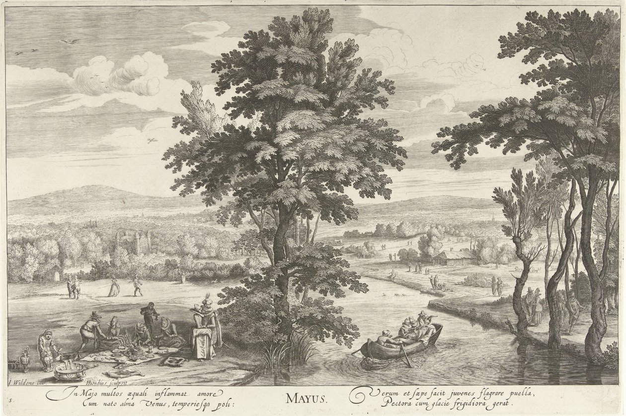 Mei, met een gezelschap in een landschap door Hendrick Hondius (I)